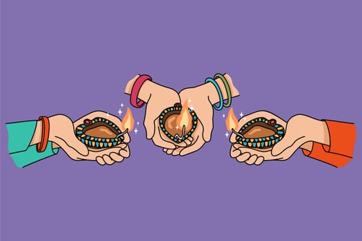 Closeup of people holding oil lamps celebrate traditional indian event. Hands with candles on Diwali festival in India. Culture and diversity concept. Vector illustration.