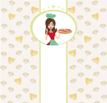 smiling waitress serving pizza, place for your text