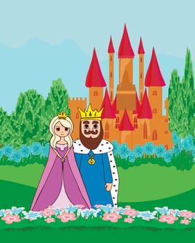King and queen in front of castle
