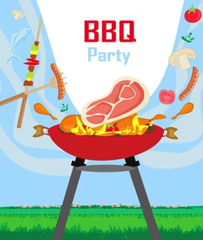 BBQ & Grill. Poster Template with Grill Illustration