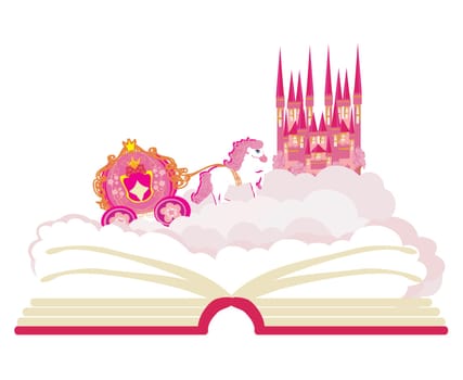 Magic world of tales, fairy castle appearing from the book