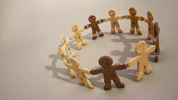 Gingerbread cookie men holding hands isolated on white. 3D illustration.