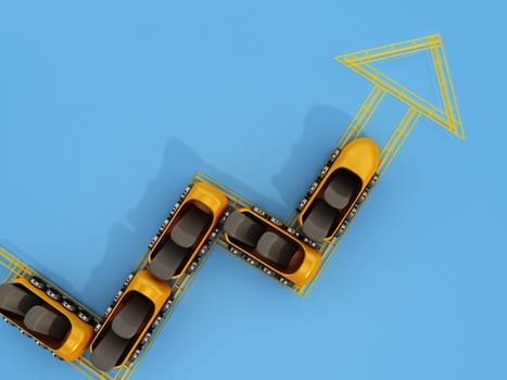Roller coaster following a rising arrow shaped track. 3D illustration.