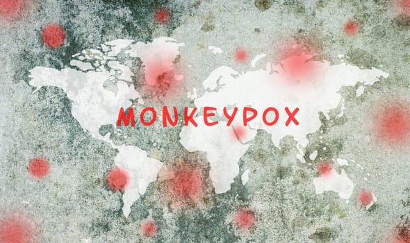 World map, monkeypox is standing on the textured background, outbreak of the MPXV virus, infectious disease spreading, pandemic