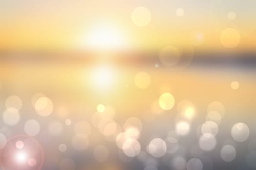 Abstract sunset illustration. Abstract evening or sunset mood background texture with light blue ocean and pastel colored bokeh lights and yellow sunny sky. Beautiful sunset.