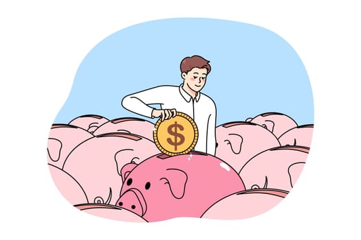 Businessman put coin in piggybank invest for future. Happy man employee saving money in piggy bank, manage budget and finances. Banking and financial stability. Vector illustration.