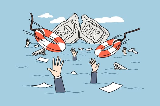 Bank building and employees drowning in water after financial crisis. Concept of finance instability and bankruptcy. Flat vector illustration.
