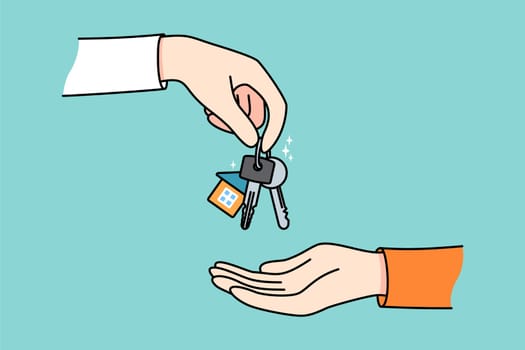Realtor or broker give keys to client or buyer greeting with purchase. Real estate agent congratulate house owner with property buying. Realty and rental. Vector illustration.