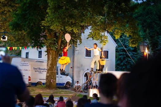 Samobor, Croatia - 05 21 2022 : Los Filonautas on Cufus, Circus street festival in Samobor 2022