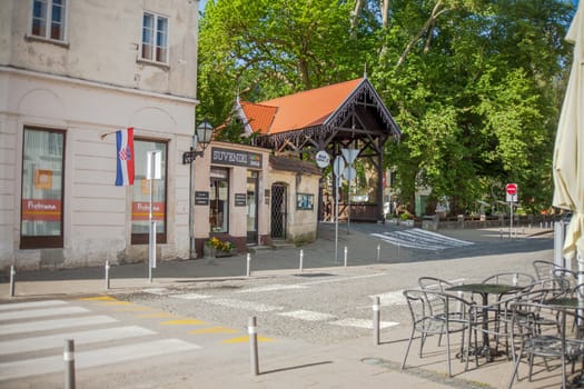 SAMOBOR, CROATIA-May 22, 2022: The City center of Samobor, with its church in the background, is a tourist attraction because of a ruined castle on a nearby hill.