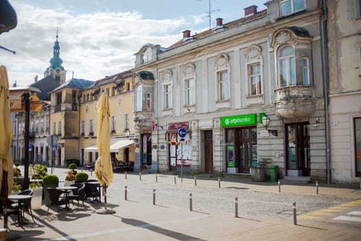 SAMOBOR, CROATIA-May 22, 2022: The City center of Samobor, with its church in the background, is a tourist attraction because of a ruined castle on a nearby hill.