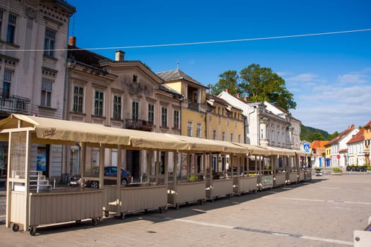 SAMOBOR, CROATIA-May 22, 2022: The City center of Samobor, with its church in the background, is a tourist attraction because of a ruined castle on a nearby hill.