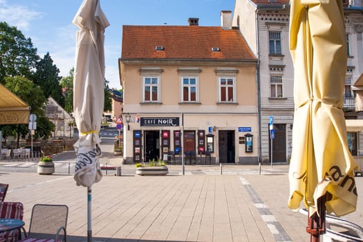 SAMOBOR, CROATIA-May 22, 2022: The City center of Samobor, with its church in the background, is a tourist attraction because of a ruined castle on a nearby hill.