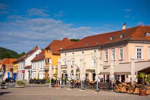 SAMOBOR, CROATIA-May 22, 2022: The City center of Samobor, with its church in the background, is a tourist attraction because of a ruined castle on a nearby hill.