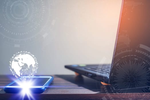 Technology network and online banking and internet banking and networking people concept, Computer Notebook with smartphone mobile on blurred background