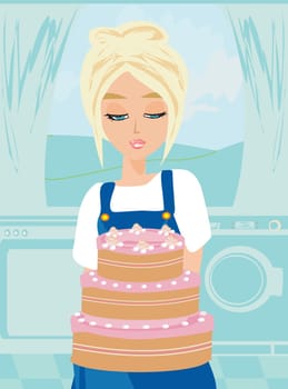 Housewife baked the cake
