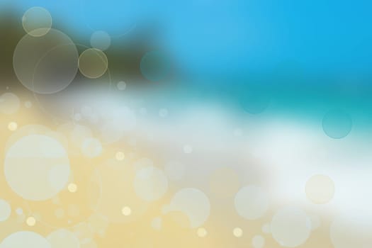 Abstract sea background. Abstract tropical sandy summer beach background with bokeh lights on light blue sky and sun. Beautiful texture. Space.