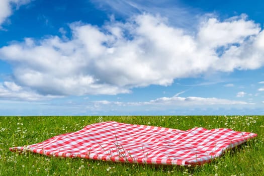 Red picnic cloth. Red checked picnic blanket on a meadow with daisies in bloom and cloudy sky. Beautiful backdrop for your product placement or montage.