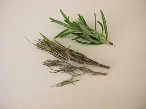 Fresh and dried rosemary on a wooden board