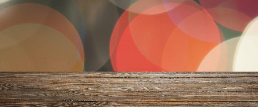 The background is an empty wooden board and a wall of blurred bokeh lights. For product demonstrations, free space, layout, mockup, perspective board, background board.