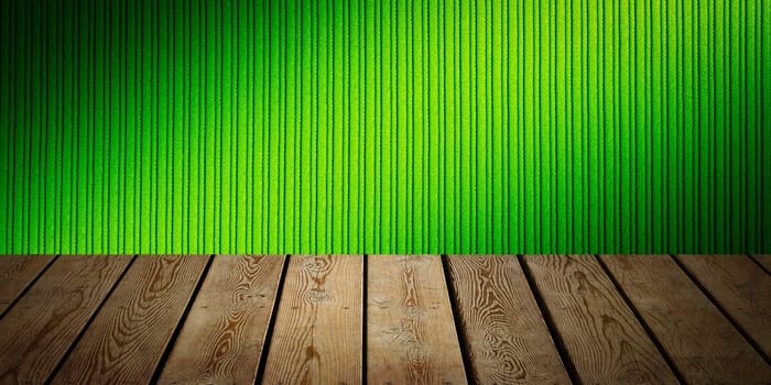 The background is blank wooden boards and a textured striped wall with gradient lighting and vignetting. For product demonstrations, free space, layout, mockup, perspective board, background board.