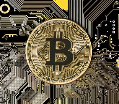 Blockchain technology bitcoin mining concept. Cryptocurrency bitcoin coin on circuit board