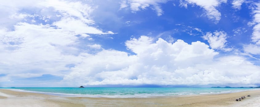 Panoramic nature landscape view of beautiful tropical beach and sea in sunny day with small island