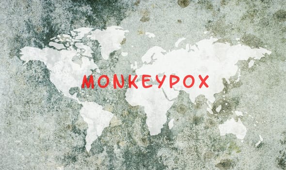 World map, monkeypox is standing on the textured background, outbreak of the MPXV virus, infectious disease spreading, pandemic