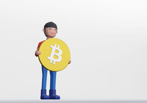 3d render of cartoon dummy holding a bitcoin for crytocurrency concept.