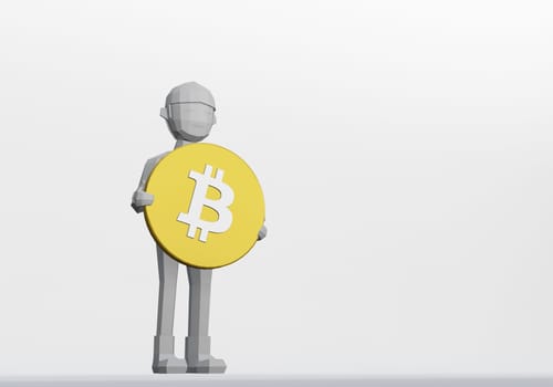 3d render of cartoon dummy holding a bitcoin for crytocurrency concept.