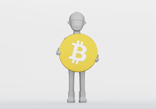 3d render of cartoon dummy holding a bitcoin for crytocurrency concept.