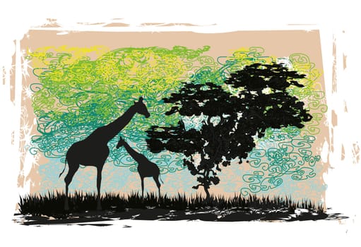 grunge Background with African fauna and flora