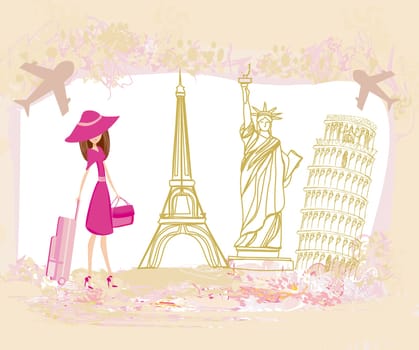 Travel girl design with different monuments