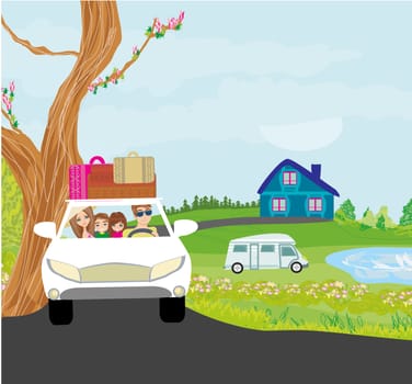 family traveling in a car