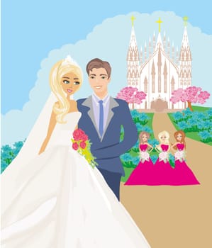 Wedding couple in front of a church
