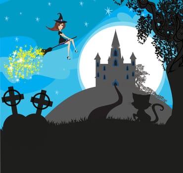 Witch flying on a broom in moonlight