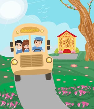 School bus with happy children