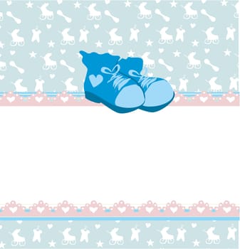 blue baby shower card with baby boy shoes