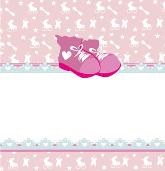 Pink baby shower card with baby girl shoes