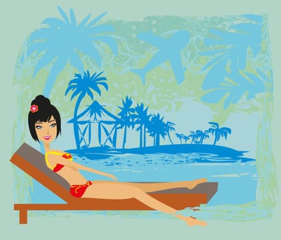 Grunge banner with palm trees and sexy girl