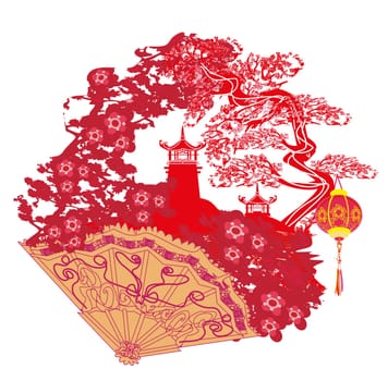 Chinese landscape and beautiful fan