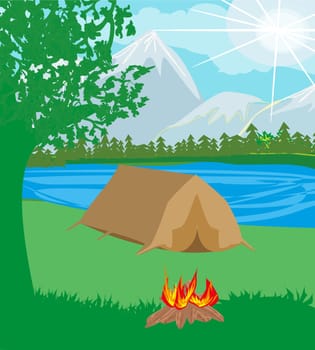 Summer landscape tent and bonfire