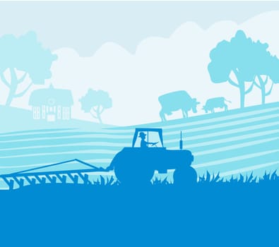 Rural landscape - tractor and cows