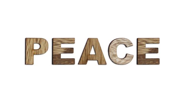 Peace, word written in wooden alphabet letters isolated. The concept of a terrible war destroying country. Top view. Copy space