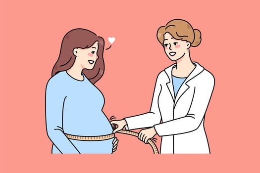 Caring nurse measuring pregnant woman belly with tape. Gynecology doctor do checkup of future mom during appointment in clinic. Healthy pregnancy concept. Vector illustration.