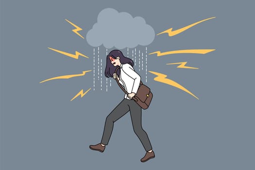 Unhappy young woman surrounded by lightings feeling aggression and rage. Angry mad female struggle with negative emotions and nervous breakdown. Psychological problem. Vector illustration.