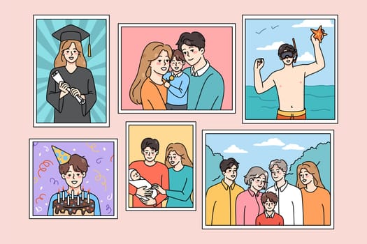 Set of family pictures in frames hanging on wall. Collection of photographs of parents and children during important memorable life moments. Memory in photo. Vector illustration.