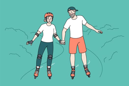 Happy mature couple have fun on roller blades on weekend in park. Overjoyed active energetic elderly man and woman ride rollers enjoy happy maturity together. Vector illustration.