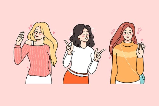 Smiling diverse young women having fun chilling out together. Happy female characters waving hand, laughing and greeting. Diversity concept. Flat vector illustration.