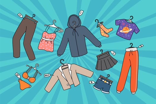 Diverse clothing pieces with discount prices on seasonal sale in shop. Selling fashion garment on promotion or reduced price deals. Stock apparel with tags. Flat vector illustration.